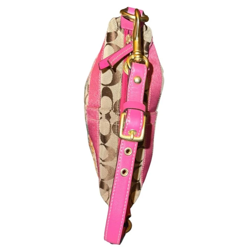 Coach Khaki Pink Signature C Rare Floral Appliqué Canvas Shoulder Bag 41420 Y2K